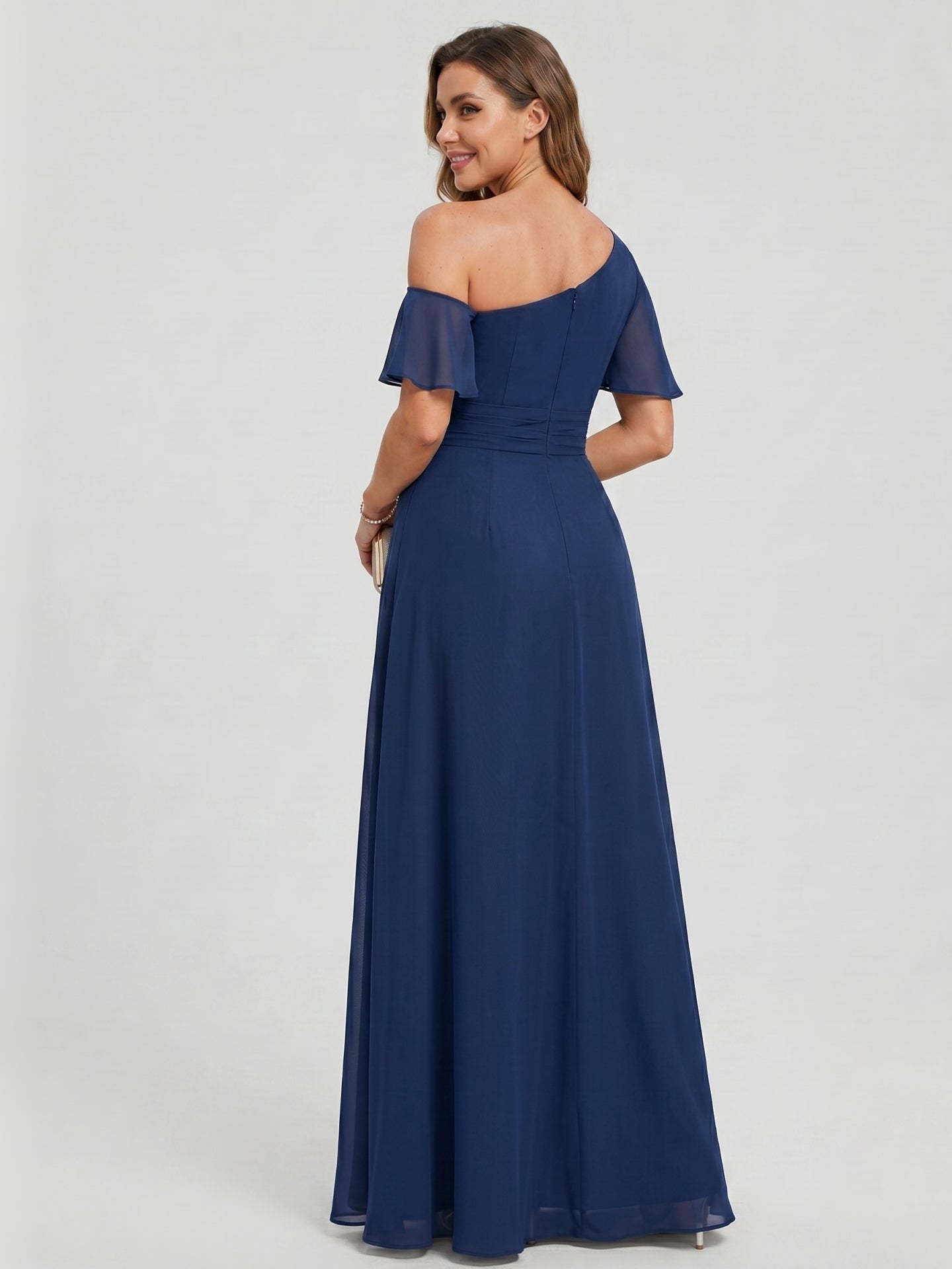 Modest Navy Blue Chiffon A-Line One Shoulder Back Zip with nan Ankle-Length Plus Size Bridesmaid Dress