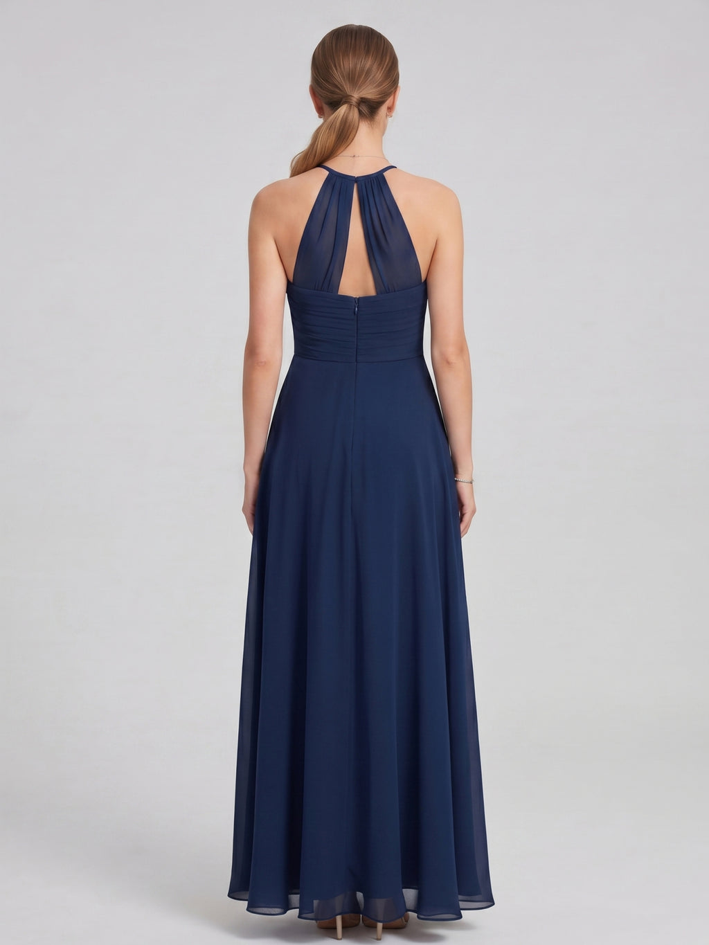 Elegant Navy Blue Chiffon A-Line Halter neckline Ankle-Length  Bridesmaid Dress