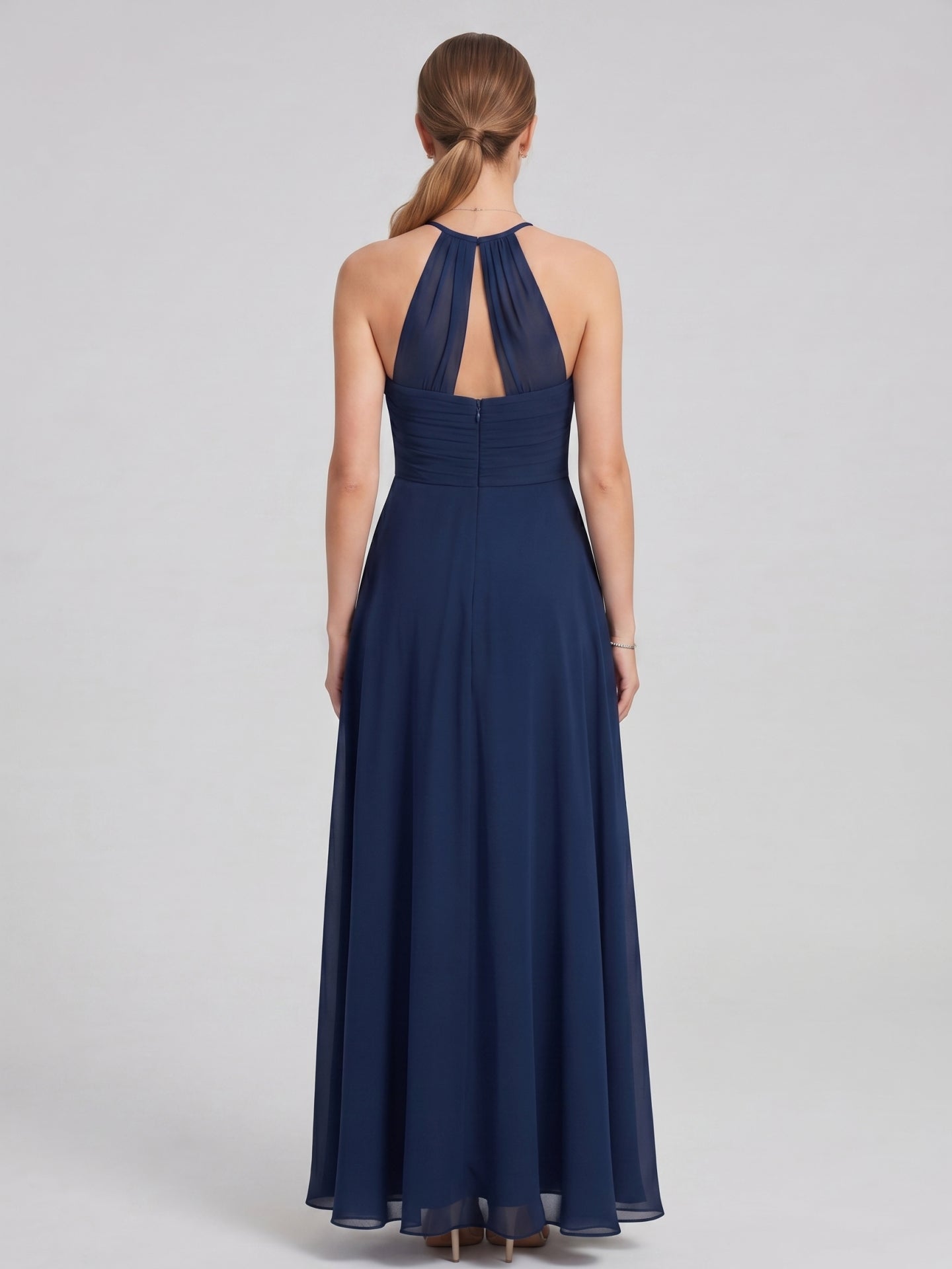 Elegant Navy Blue Chiffon A-Line Halter neckline Ankle-Length  Bridesmaid Dress