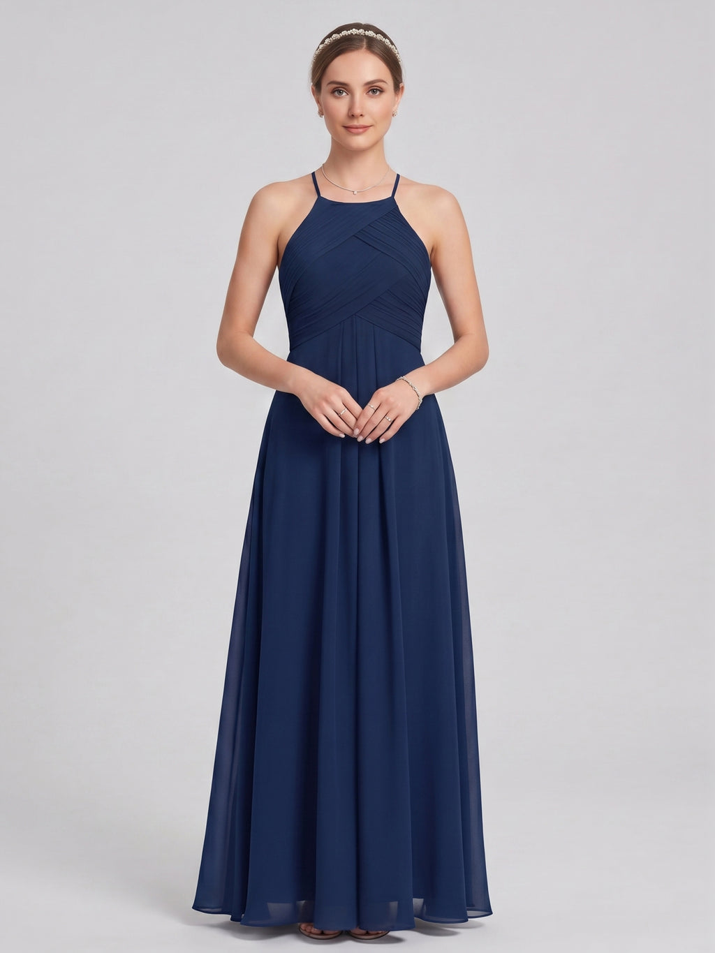 Elegant Navy Blue Chiffon A-Line Halter neckline Ankle-Length  Bridesmaid Dress