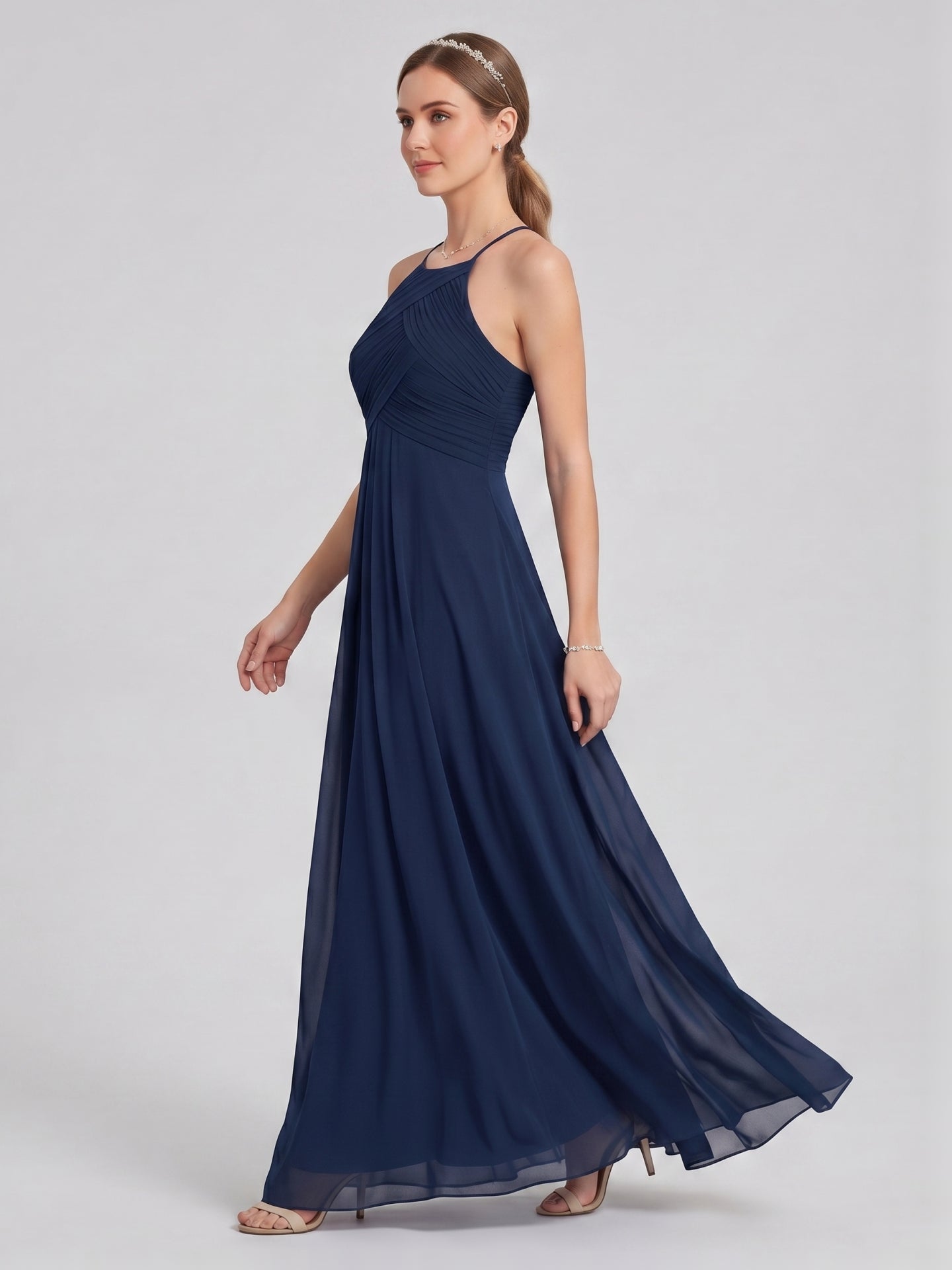 Elegant Navy Blue Chiffon A-Line Halter neckline Ankle-Length  Bridesmaid Dress