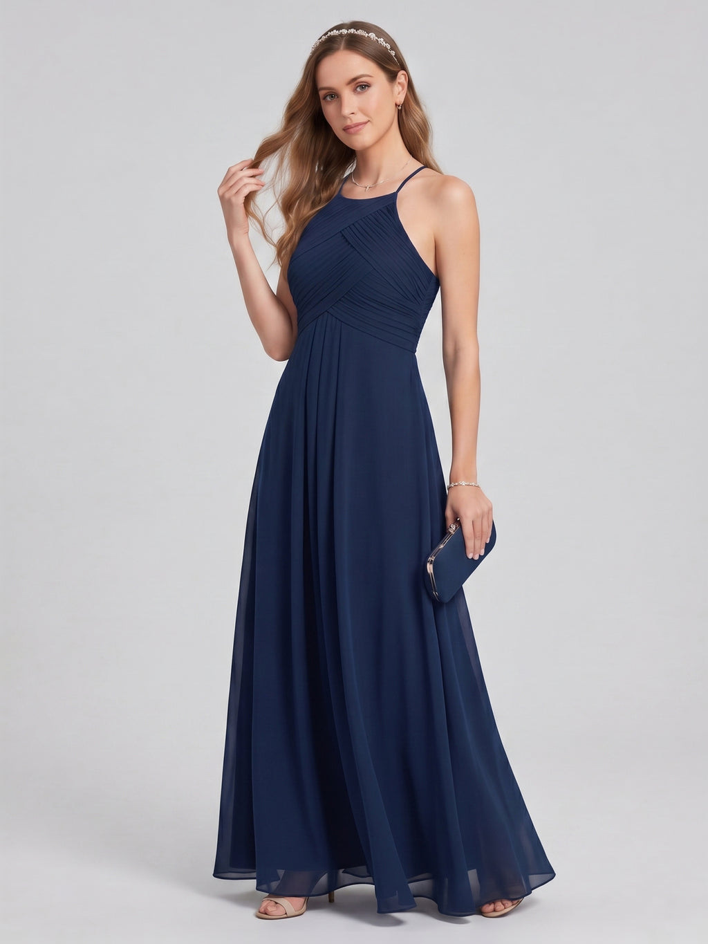 Elegant Navy Blue Chiffon A-Line Halter neckline Ankle-Length  Bridesmaid Dress