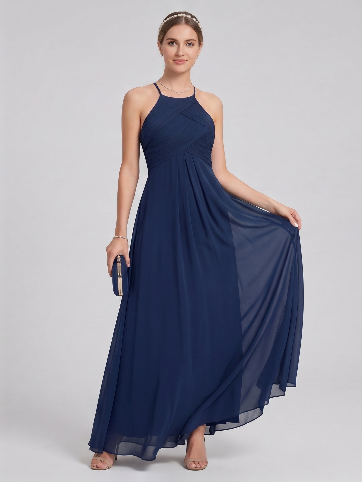 Elegant Navy Blue Chiffon A-Line Halter neckline Ankle-Length  Bridesmaid Dress