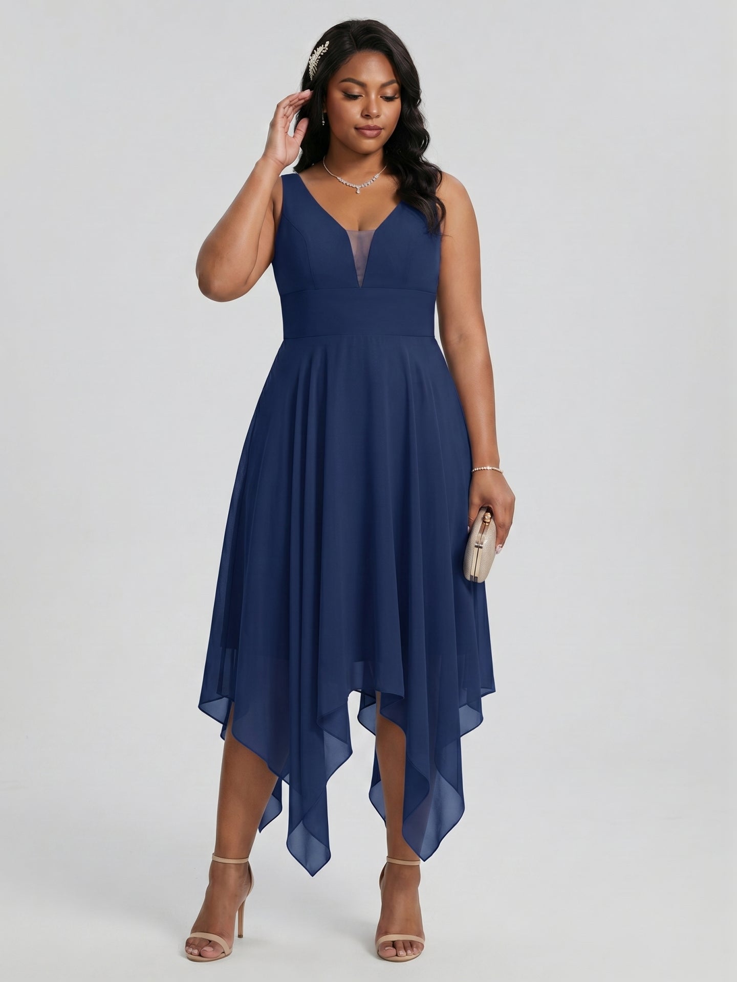 Simple Navy Blue Chiffon A-Line Sweetheart Back Zip with Sash Detail Asymmetrical Plus Size Bridesmaid Dress