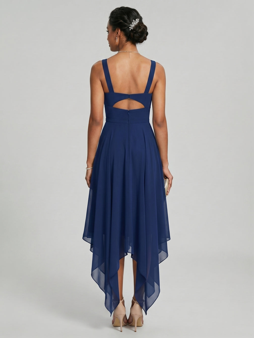 Simple Navy Blue Chiffon A-Line Sweetheart Back Zip with Sash Detail Asymmetrical Plus Size Bridesmaid Dress