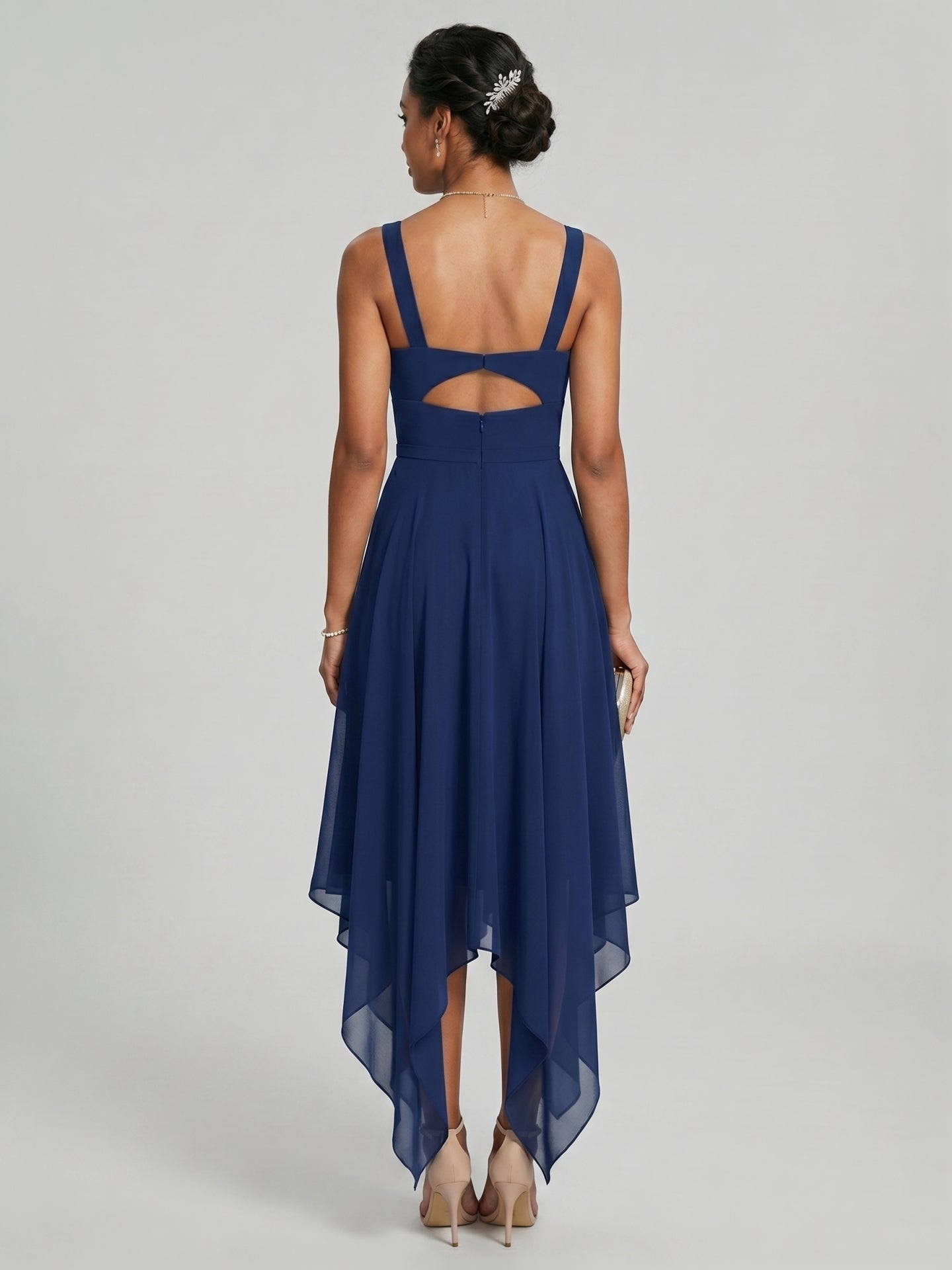 Simple Navy Blue Chiffon A-Line Sweetheart Back Zip with Sash Detail Asymmetrical Plus Size Bridesmaid Dress