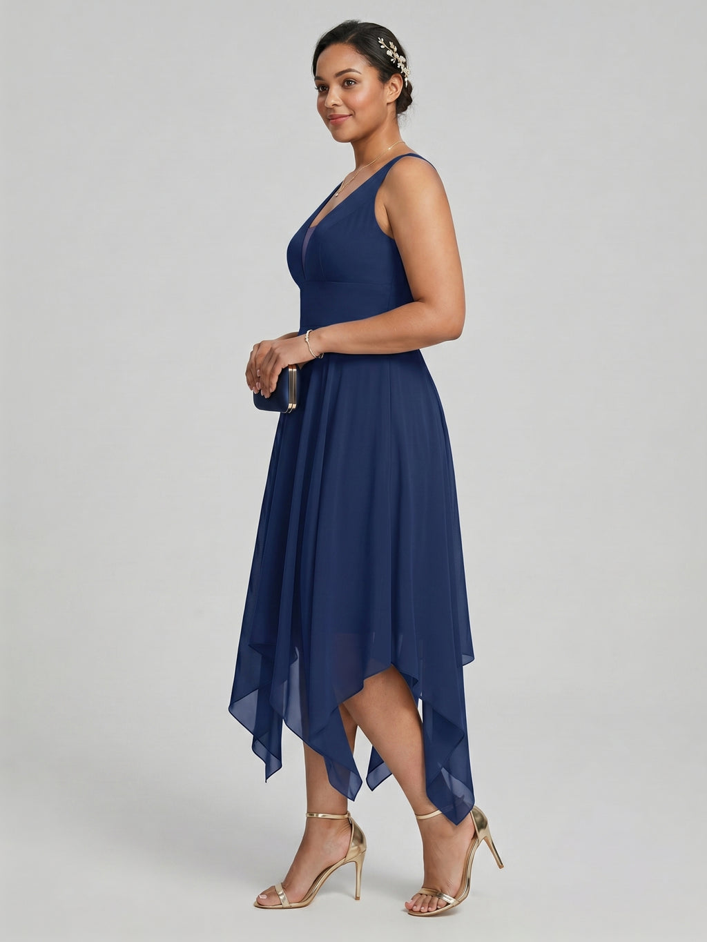 Simple Navy Blue Chiffon A-Line Sweetheart Back Zip with Sash Detail Asymmetrical Plus Size Bridesmaid Dress