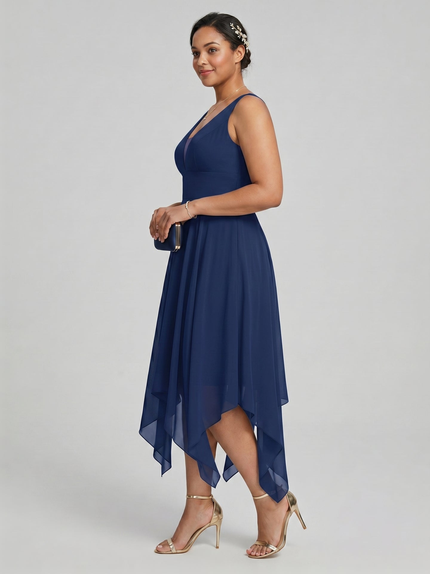 Simple Navy Blue Chiffon A-Line Sweetheart Back Zip with Sash Detail Asymmetrical Plus Size Bridesmaid Dress