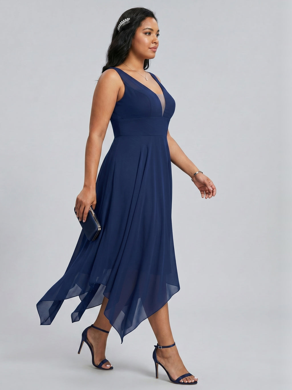 Simple Navy Blue Chiffon A-Line Sweetheart Back Zip with Sash Detail Asymmetrical Plus Size Bridesmaid Dress