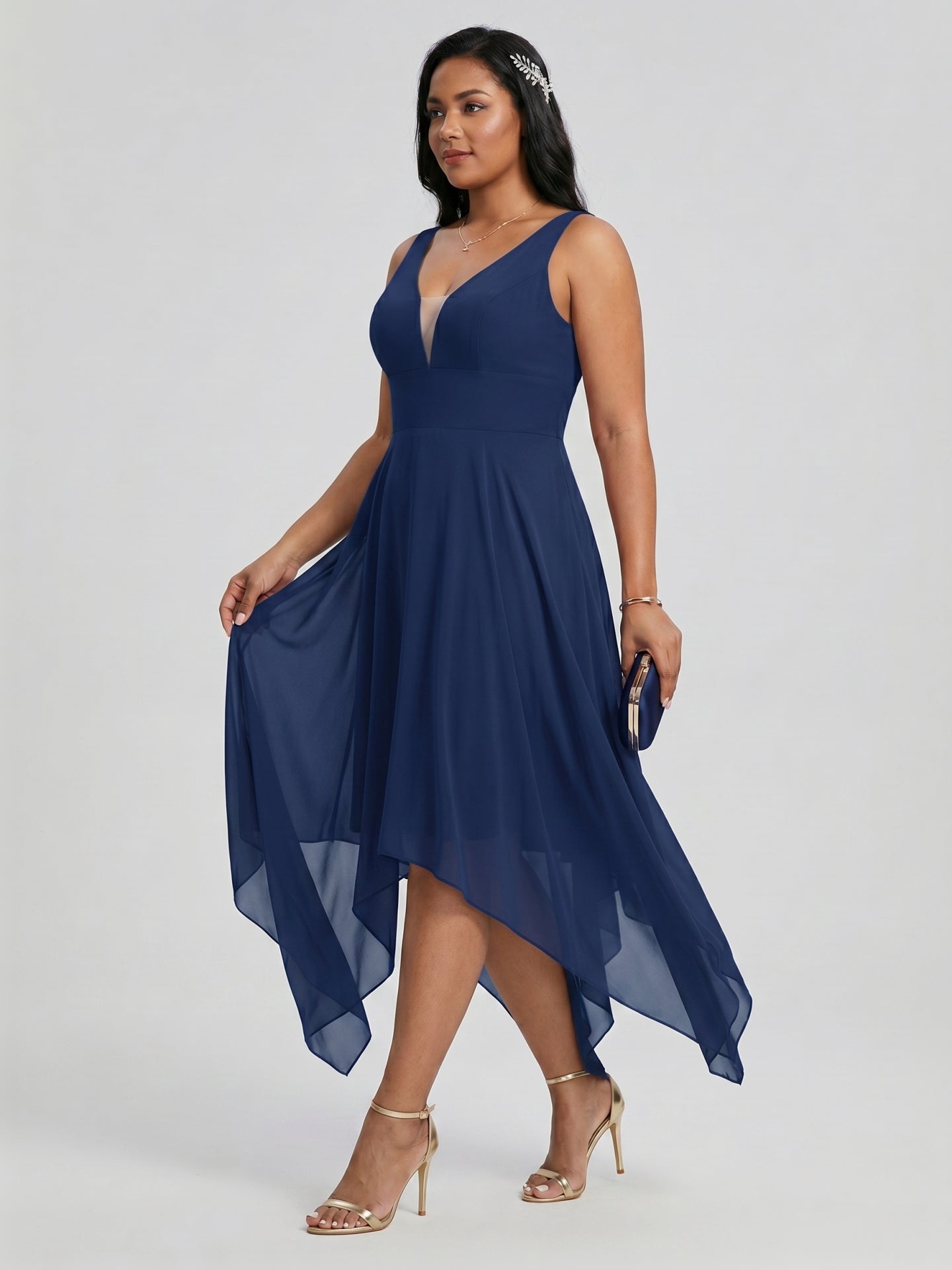 Simple Navy Blue Chiffon A-Line Sweetheart Back Zip with Sash Detail Asymmetrical Plus Size Bridesmaid Dress