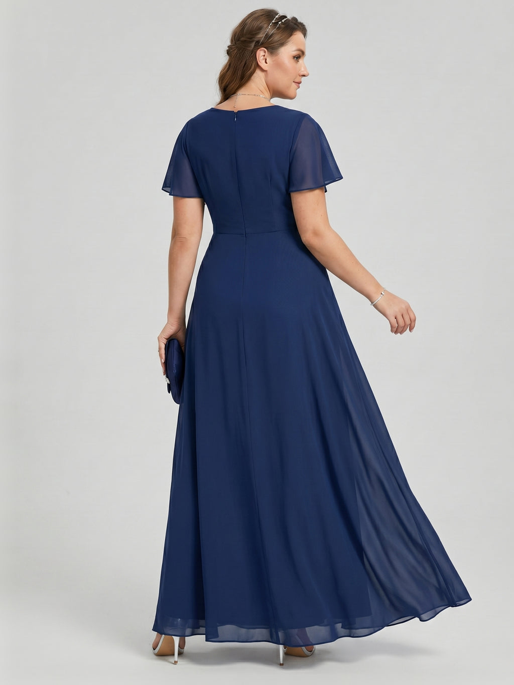 Elegant Navy Blue Chiffon A-Line Cowl Neck Back Zip Ankle-Length Bridesmaid Dress