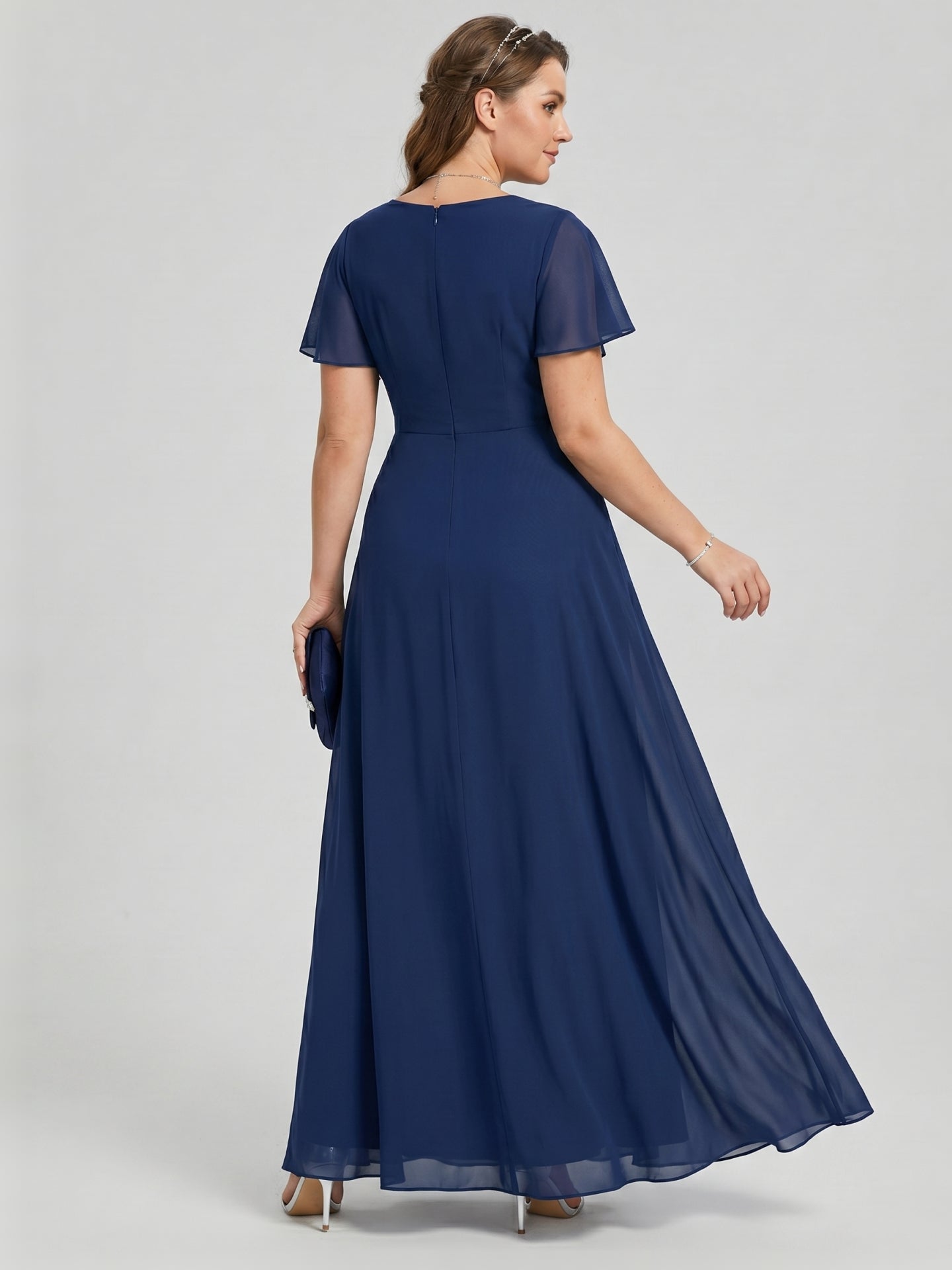 Elegant Navy Blue Chiffon A-Line Cowl Neck Back Zip Ankle-Length Bridesmaid Dress