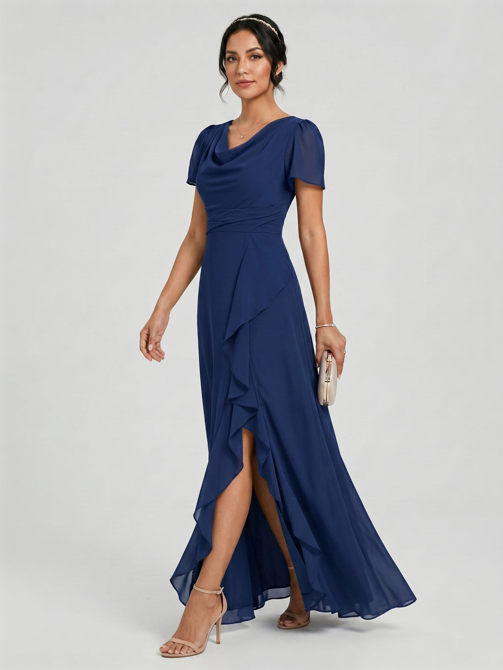Elegant Navy Blue Chiffon A-Line Cowl Neck Back Zip Ankle-Length Bridesmaid Dress