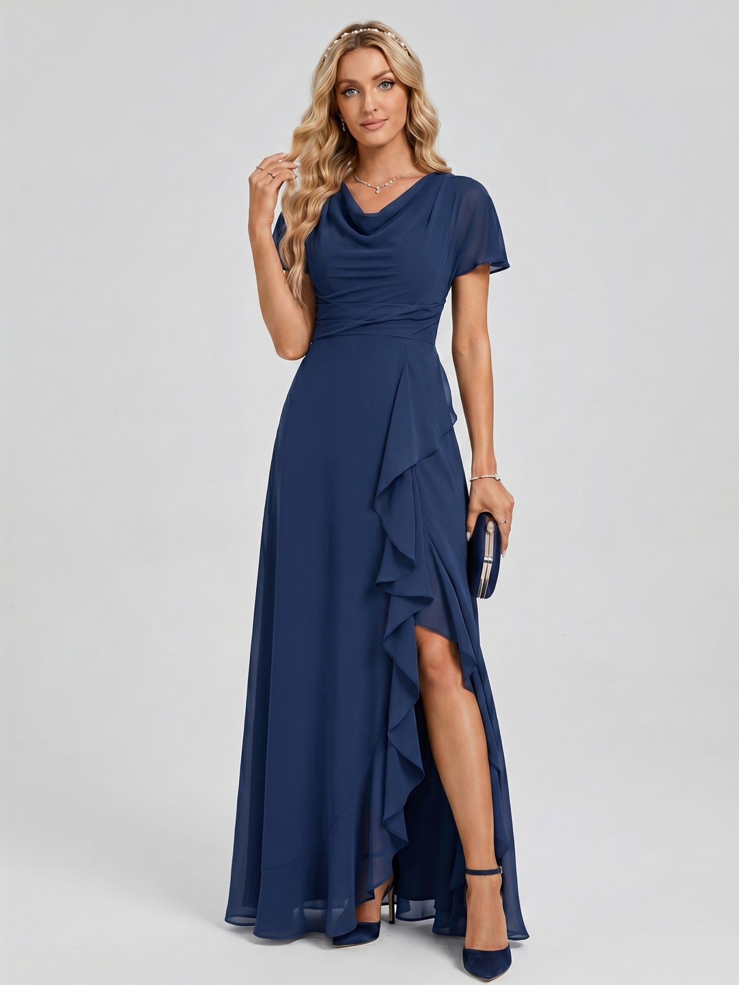Elegant Navy Blue Chiffon A-Line Cowl Neck Back Zip Ankle-Length Bridesmaid Dress
