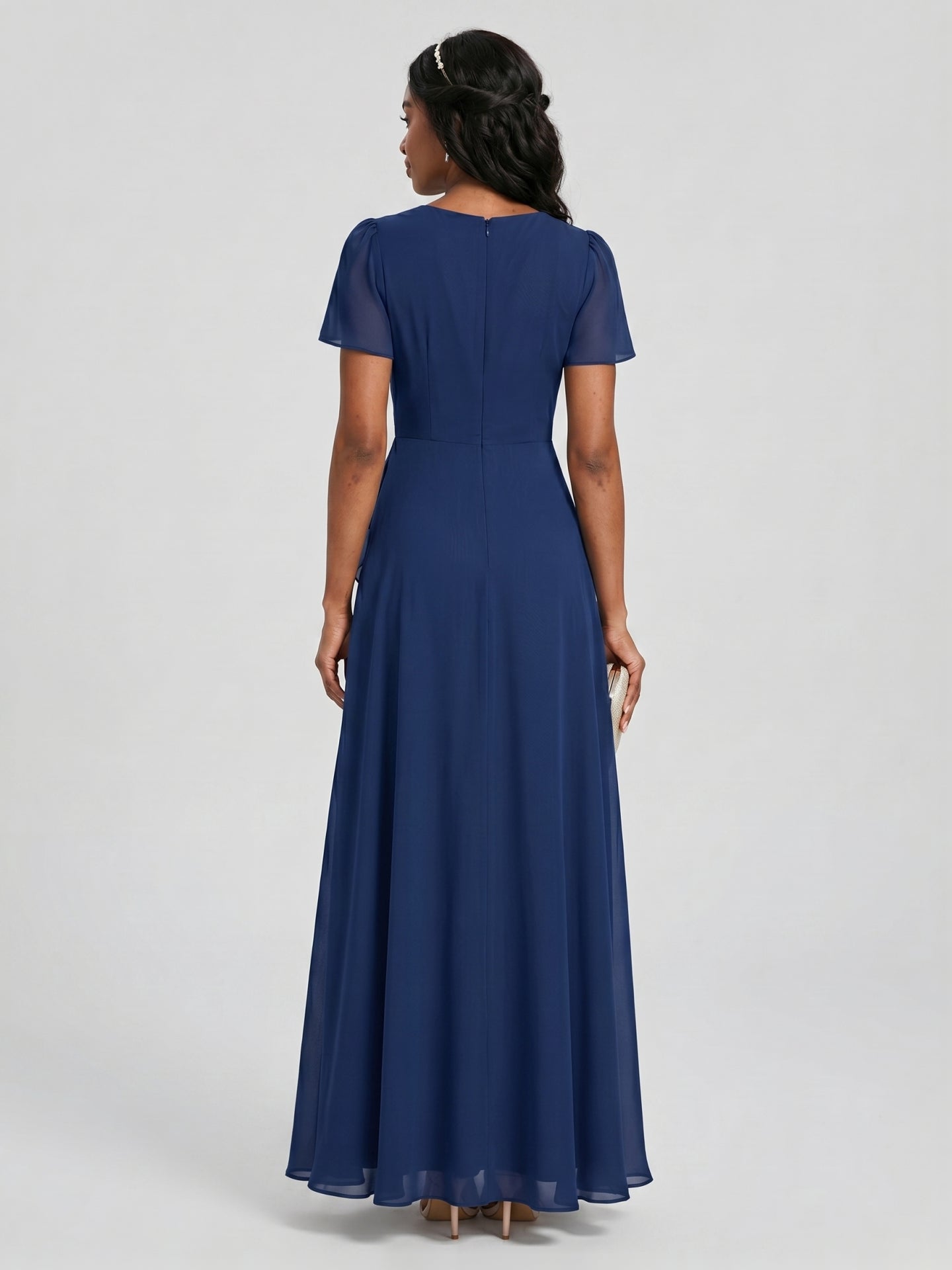 Elegant Navy Blue Chiffon A-Line Cowl Neck Back Zip Ankle-Length Bridesmaid Dress