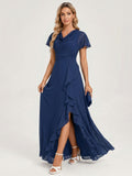 Elegant Navy Blue Chiffon A-Line Cowl Neck Back Zip Ankle-Length Bridesmaid Dress