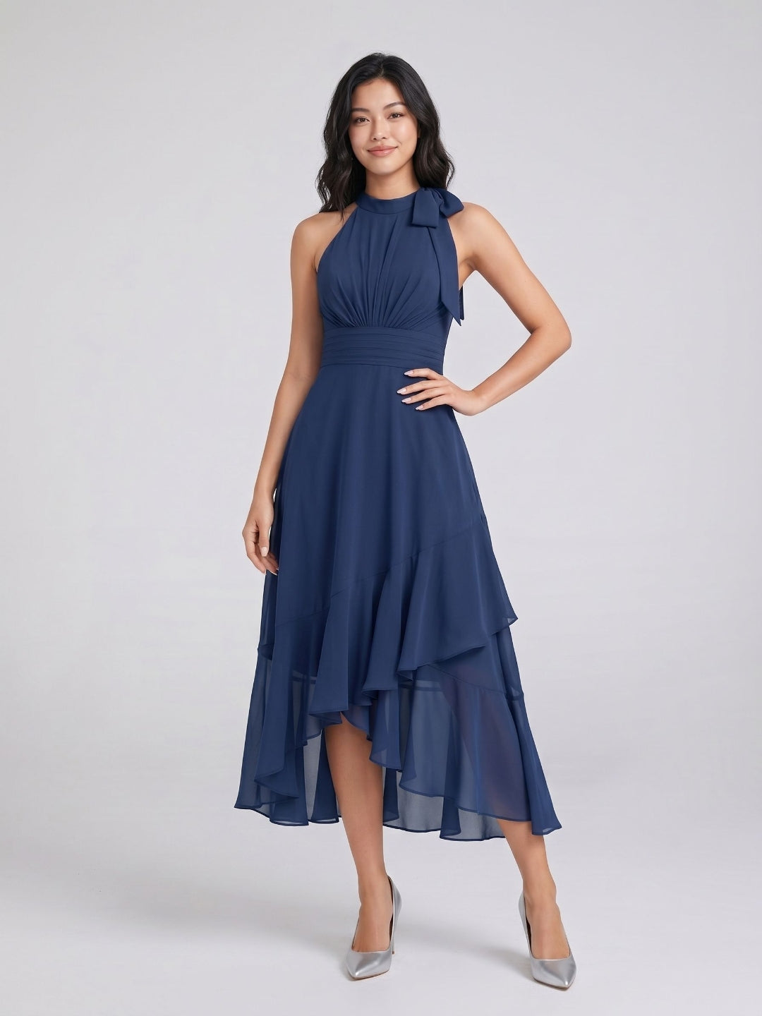 Navy Blue Chiffon A-Line Halter Back Zip Asymmetrical Dress with Bow