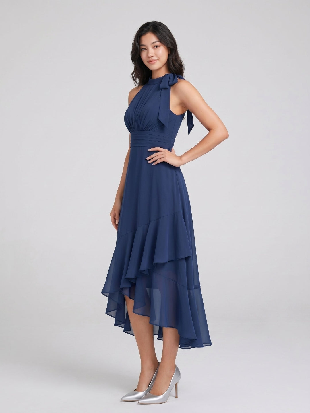 Navy Blue Chiffon A-Line Halter Back Zip Asymmetrical Dress with Bow