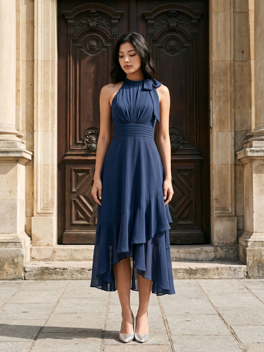 Navy Blue Chiffon A-Line Halter Back Zip Asymmetrical Dress with Bow