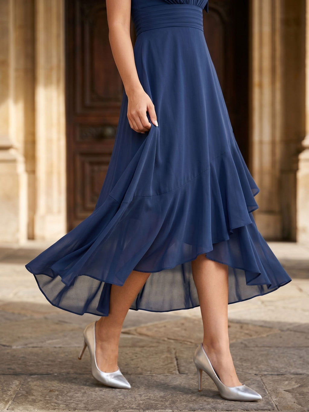Navy Blue Chiffon A-Line Halter Back Zip Asymmetrical Dress with Bow