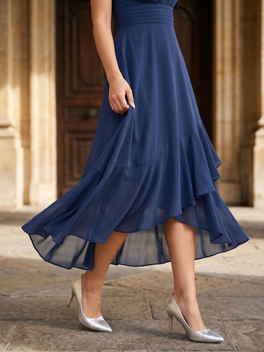 Navy Blue Chiffon A-Line Halter Back Zip Asymmetrical Dress with Bow