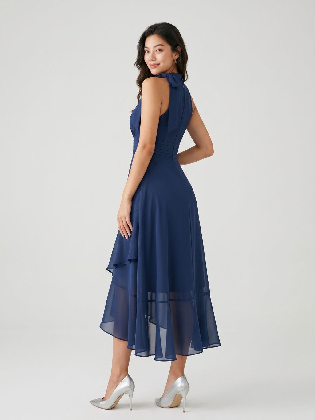 Navy Blue Chiffon A-Line Halter Back Zip Asymmetrical Dress with Bow