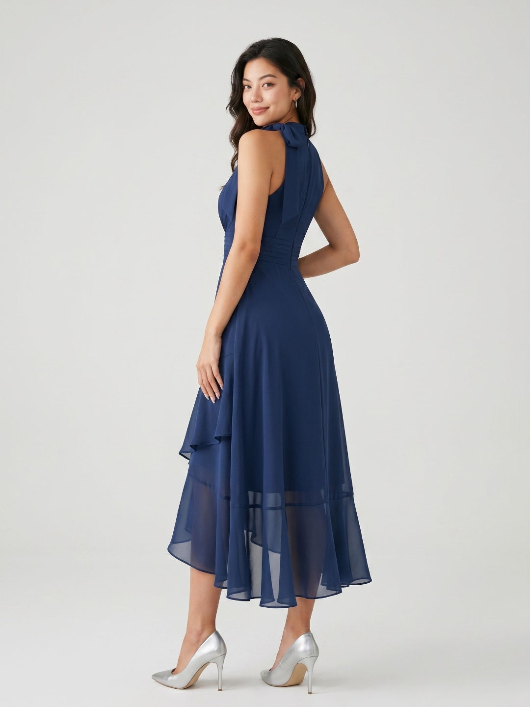 Navy Blue Chiffon A-Line Halter Back Zip Asymmetrical Dress with Bow