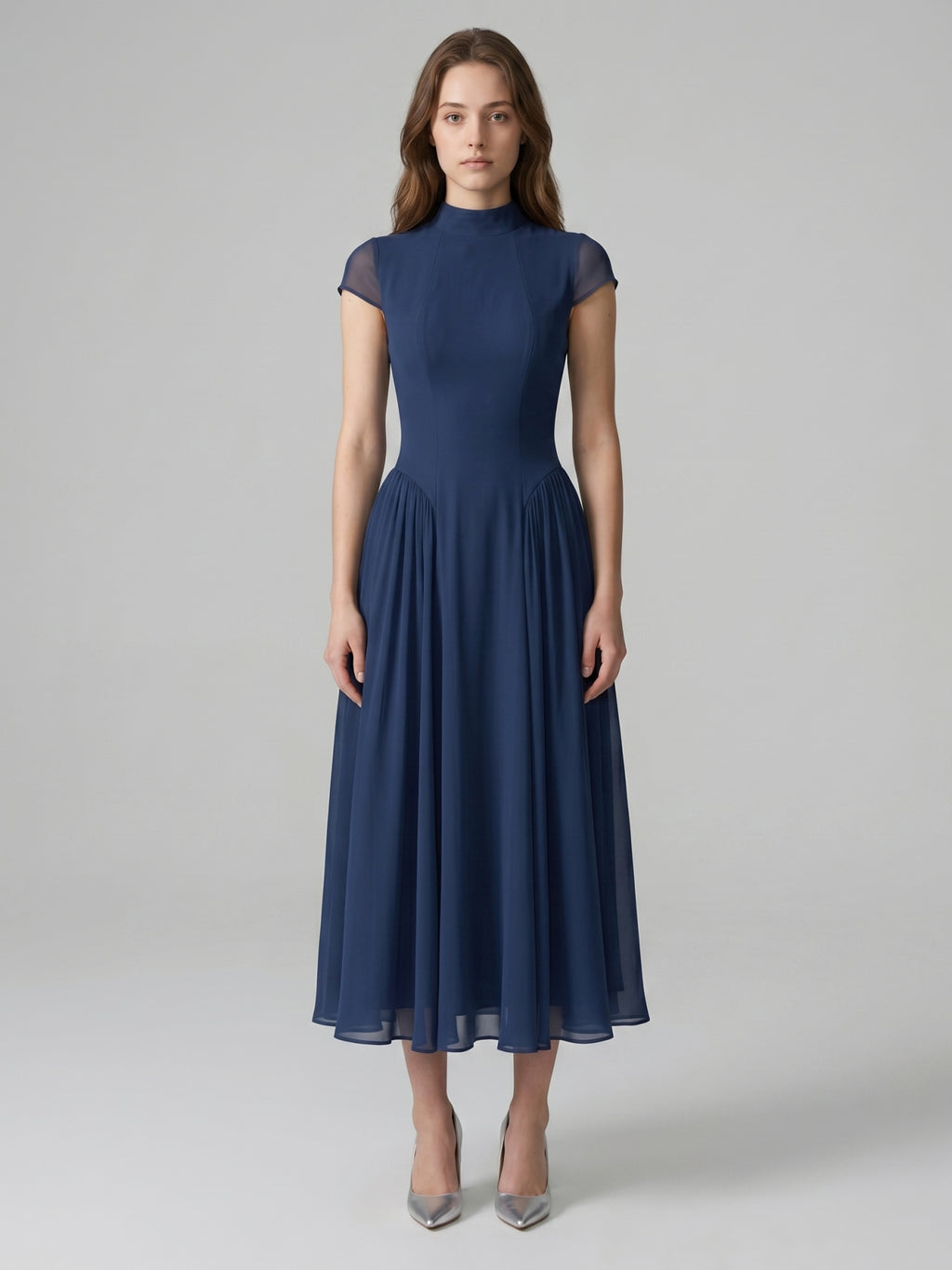 Navy Blue Chiffon A-Line Scoop Neck Back Zip Ankle-Length Bridesmaid Dress