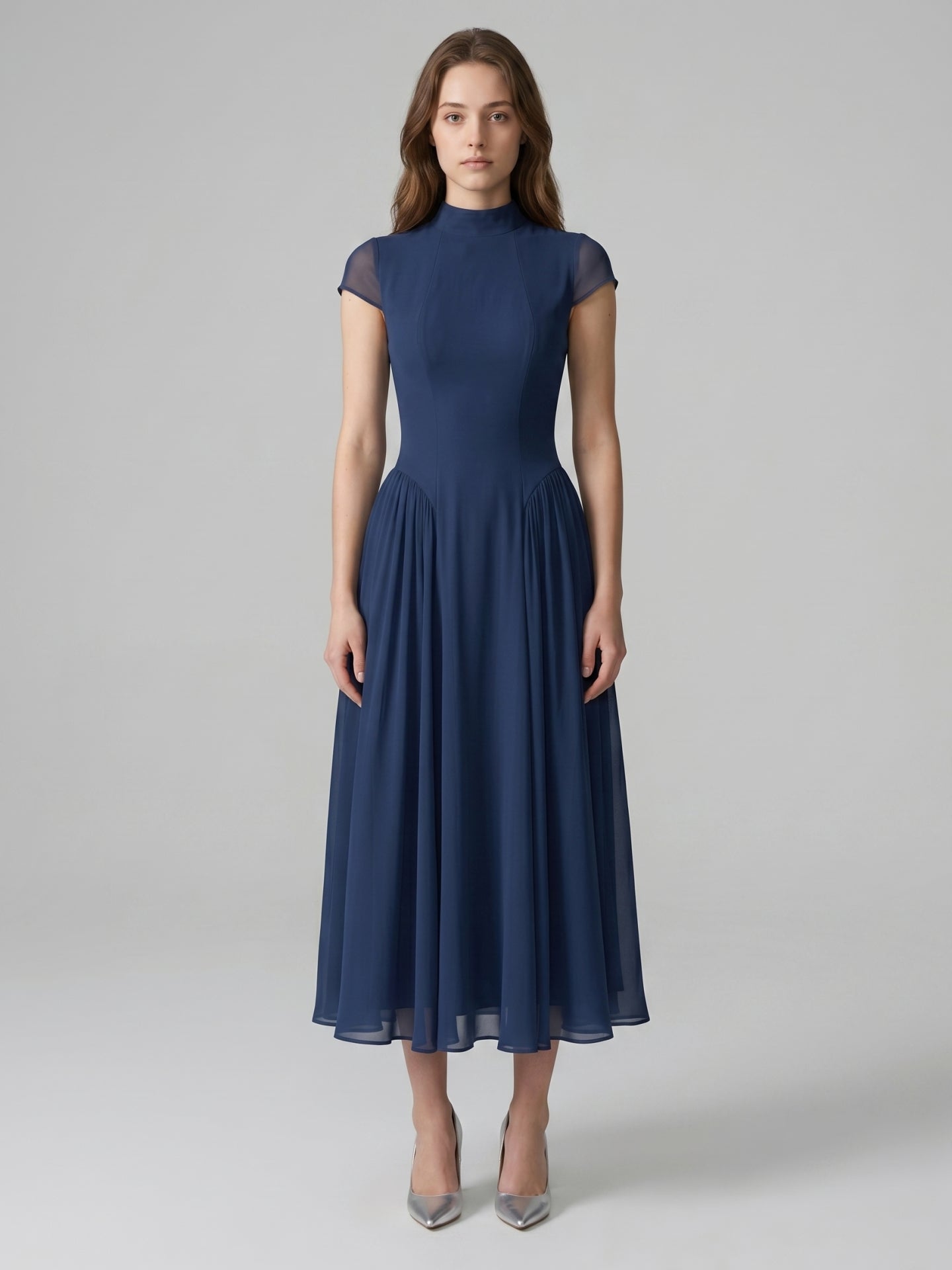Navy Blue Chiffon A-Line Scoop Neck Back Zip Ankle-Length Bridesmaid Dress