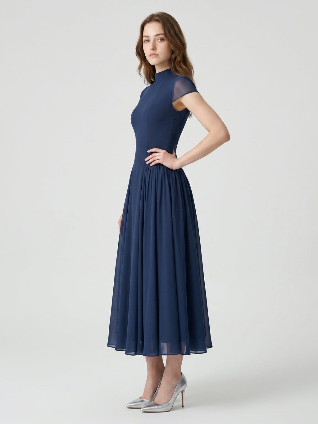 Navy Blue Chiffon A-Line Scoop Neck Back Zip Ankle-Length Bridesmaid Dress