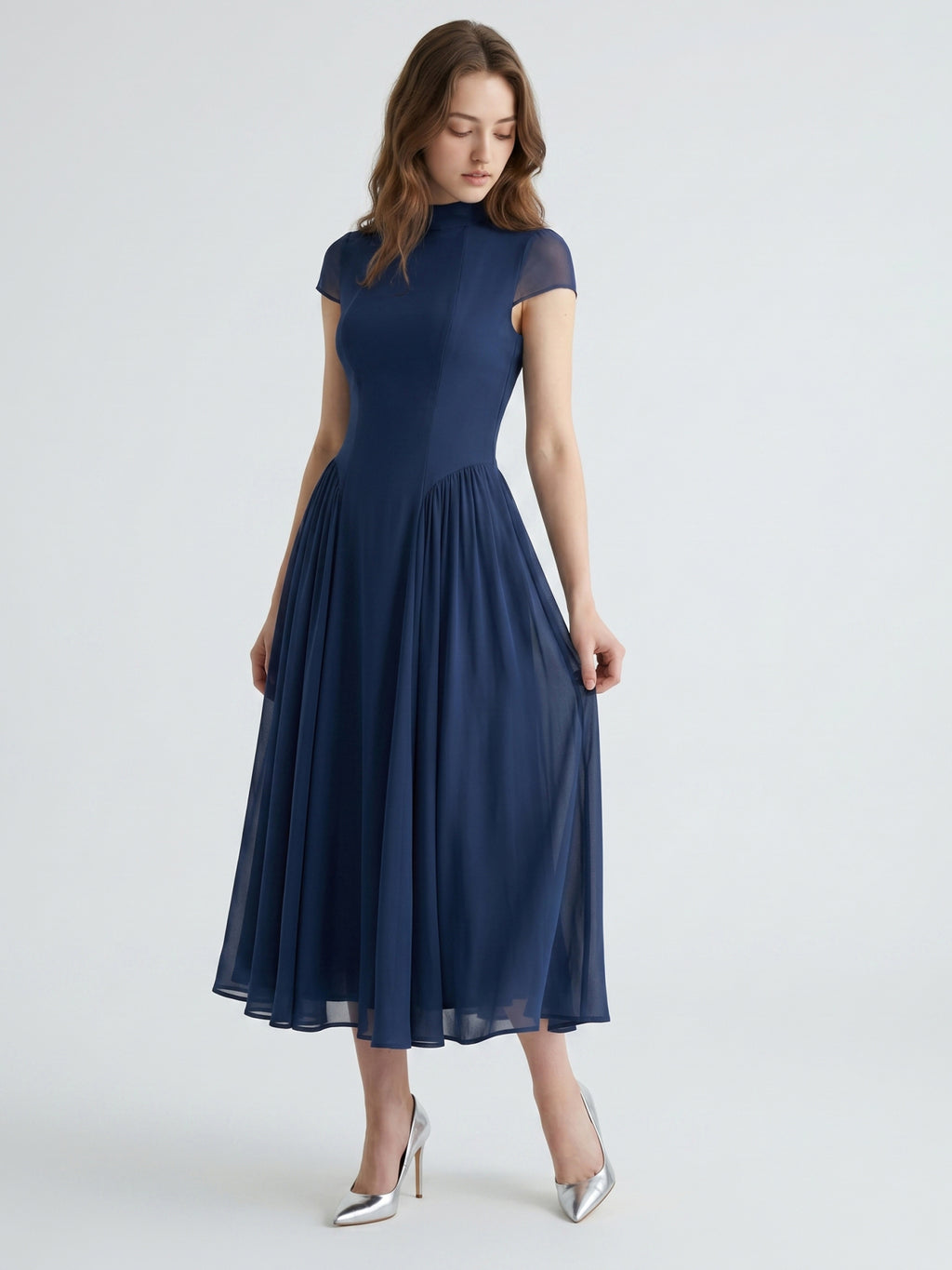 Navy Blue Chiffon A-Line Scoop Neck Back Zip Ankle-Length Bridesmaid Dress