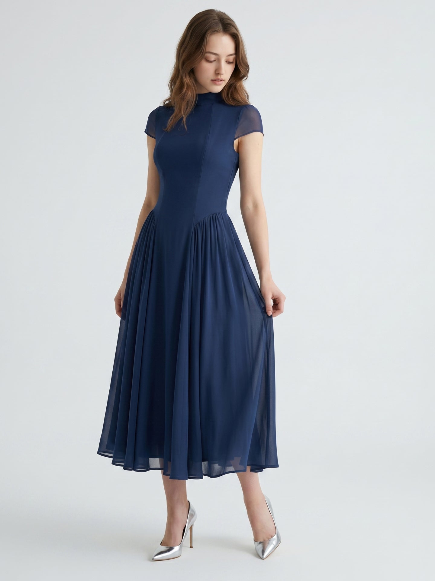 Navy Blue Chiffon A-Line Scoop Neck Back Zip Ankle-Length Bridesmaid Dress