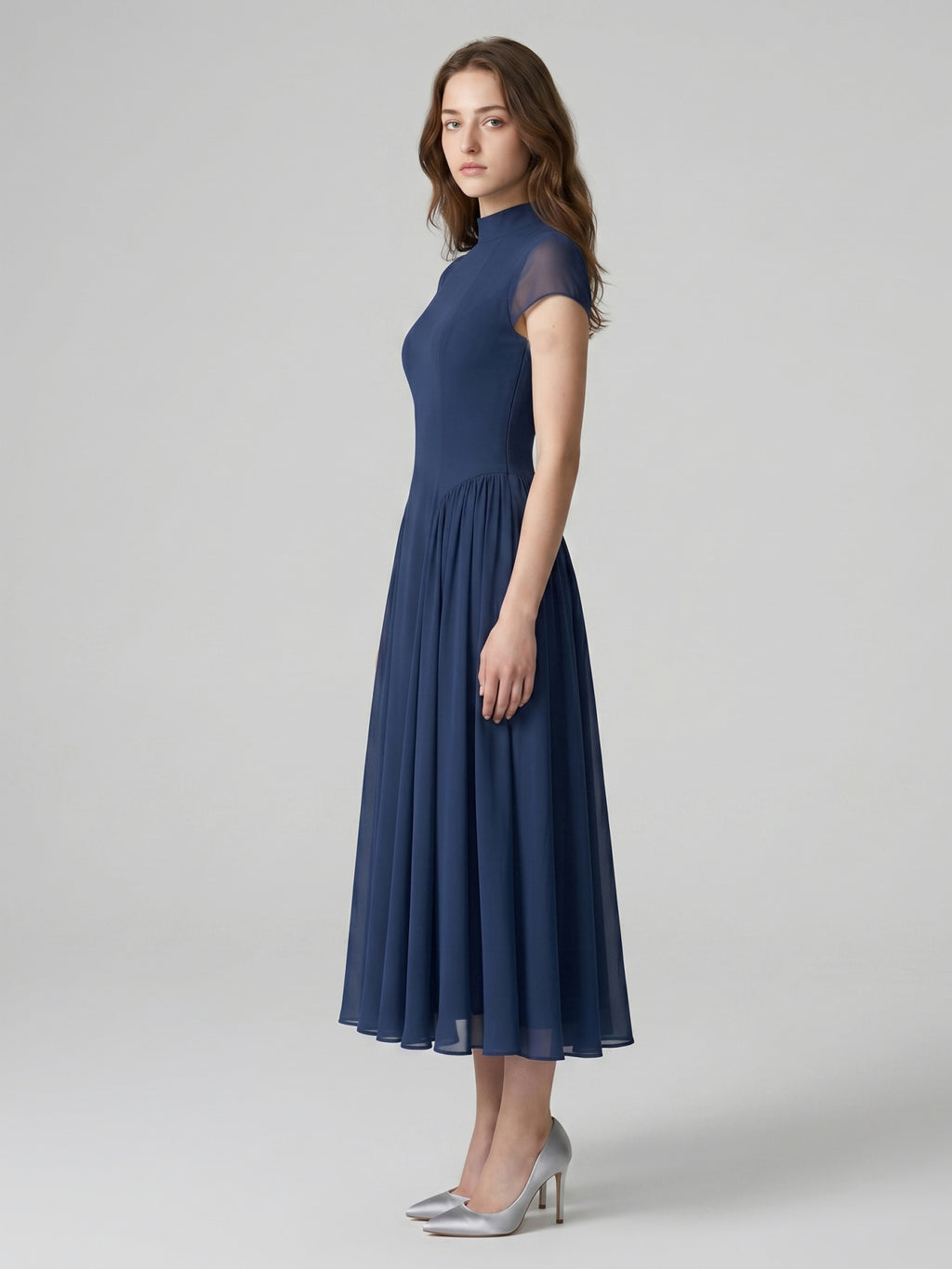 Navy Blue Chiffon A-Line Scoop Neck Back Zip Ankle-Length Bridesmaid Dress