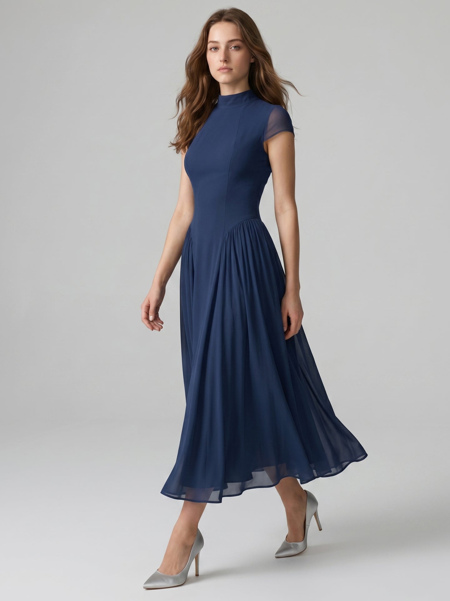 Navy Blue Chiffon A-Line Scoop Neck Back Zip Ankle-Length Bridesmaid Dress
