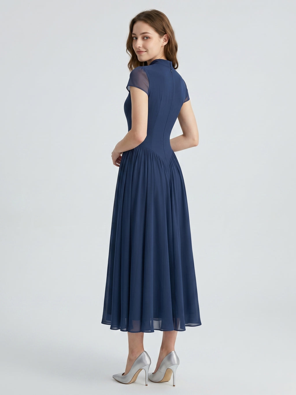 Navy Blue Chiffon A-Line Scoop Neck Back Zip Ankle-Length Bridesmaid Dress