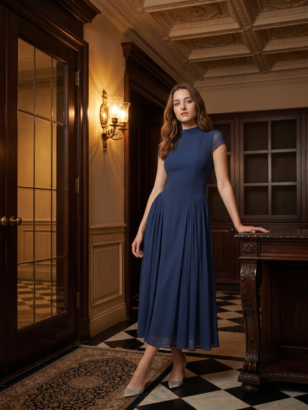 Navy Blue Chiffon A-Line Scoop Neck Back Zip Ankle-Length Bridesmaid Dress