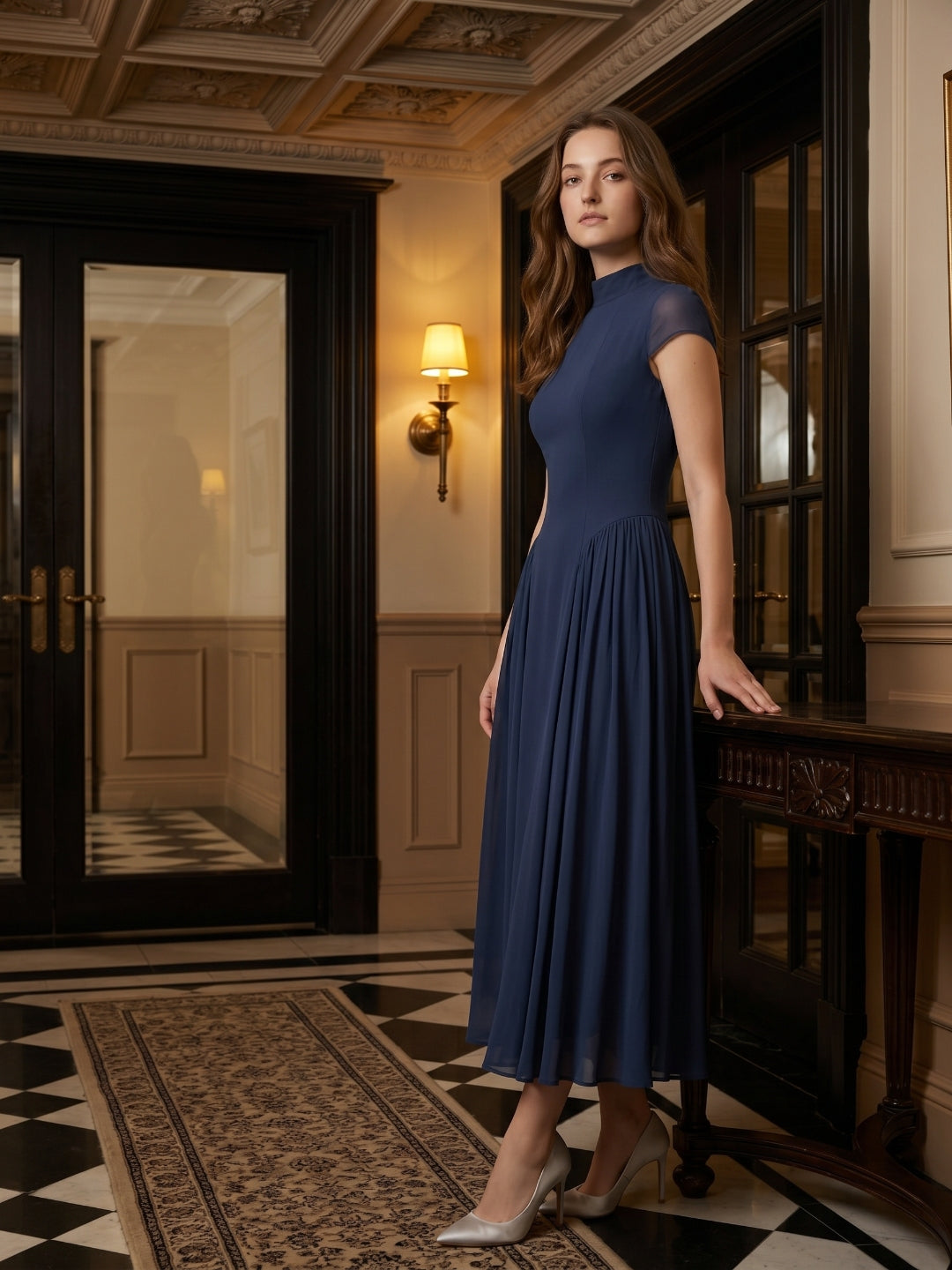 Navy Blue Chiffon A-Line Scoop Neck Back Zip Ankle-Length Bridesmaid Dress