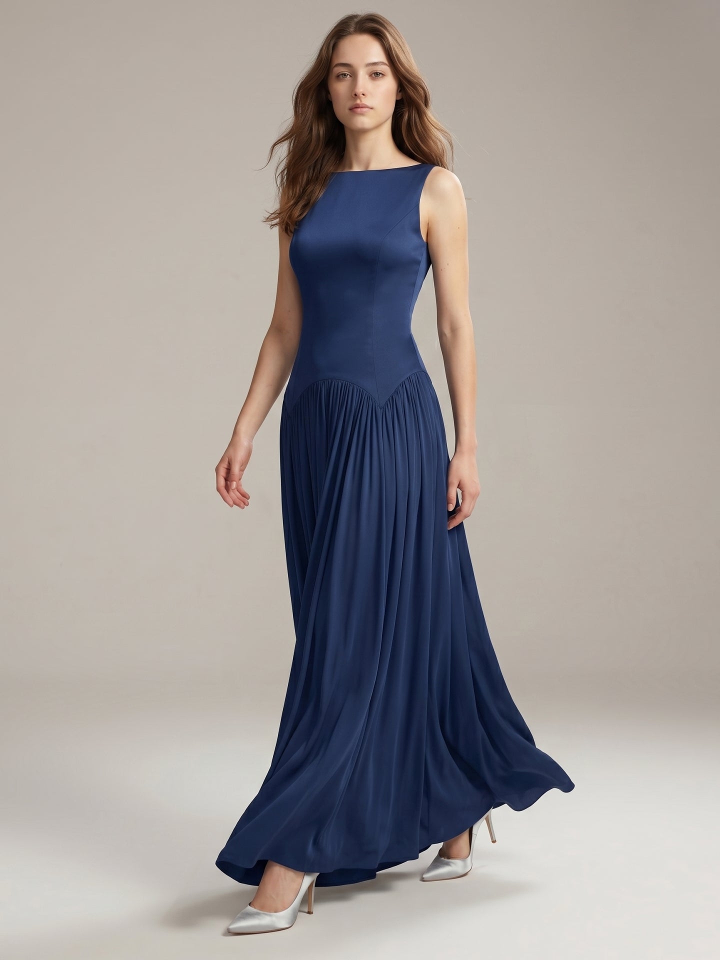 Navy Blue Chiffon A-Line Scoop Neck Back Zip Floor-Length Bridesmaid Dress with Pleated Details