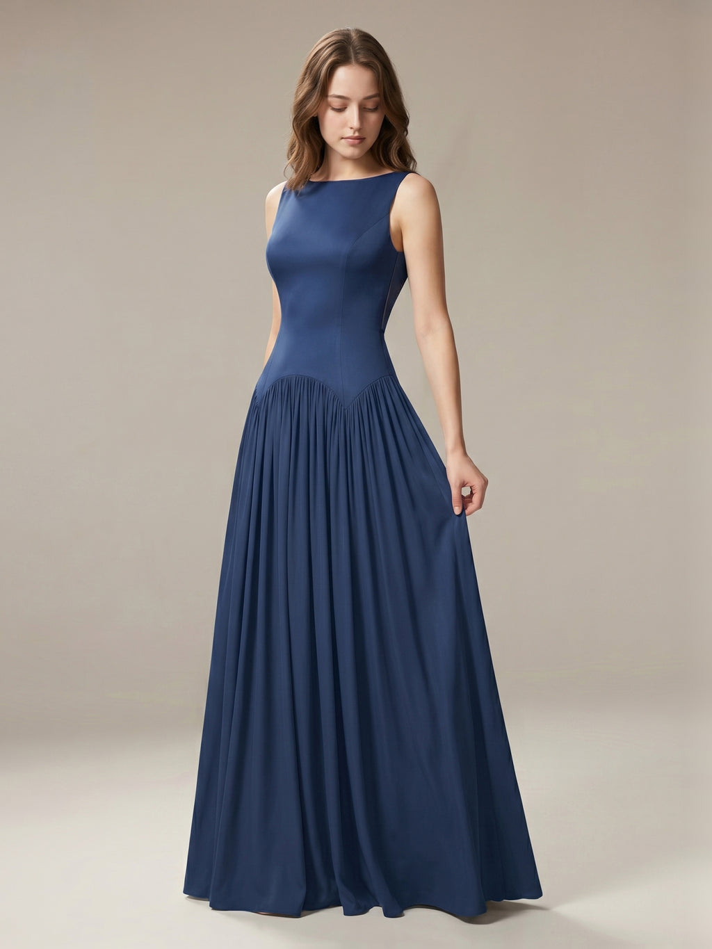 Navy Blue Chiffon A-Line Scoop Neck Back Zip Floor-Length Bridesmaid Dress with Pleated Details