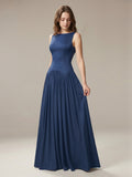 Navy Blue Chiffon A-Line Scoop Neck Back Zip Floor-Length Bridesmaid Dress with Pleated Details