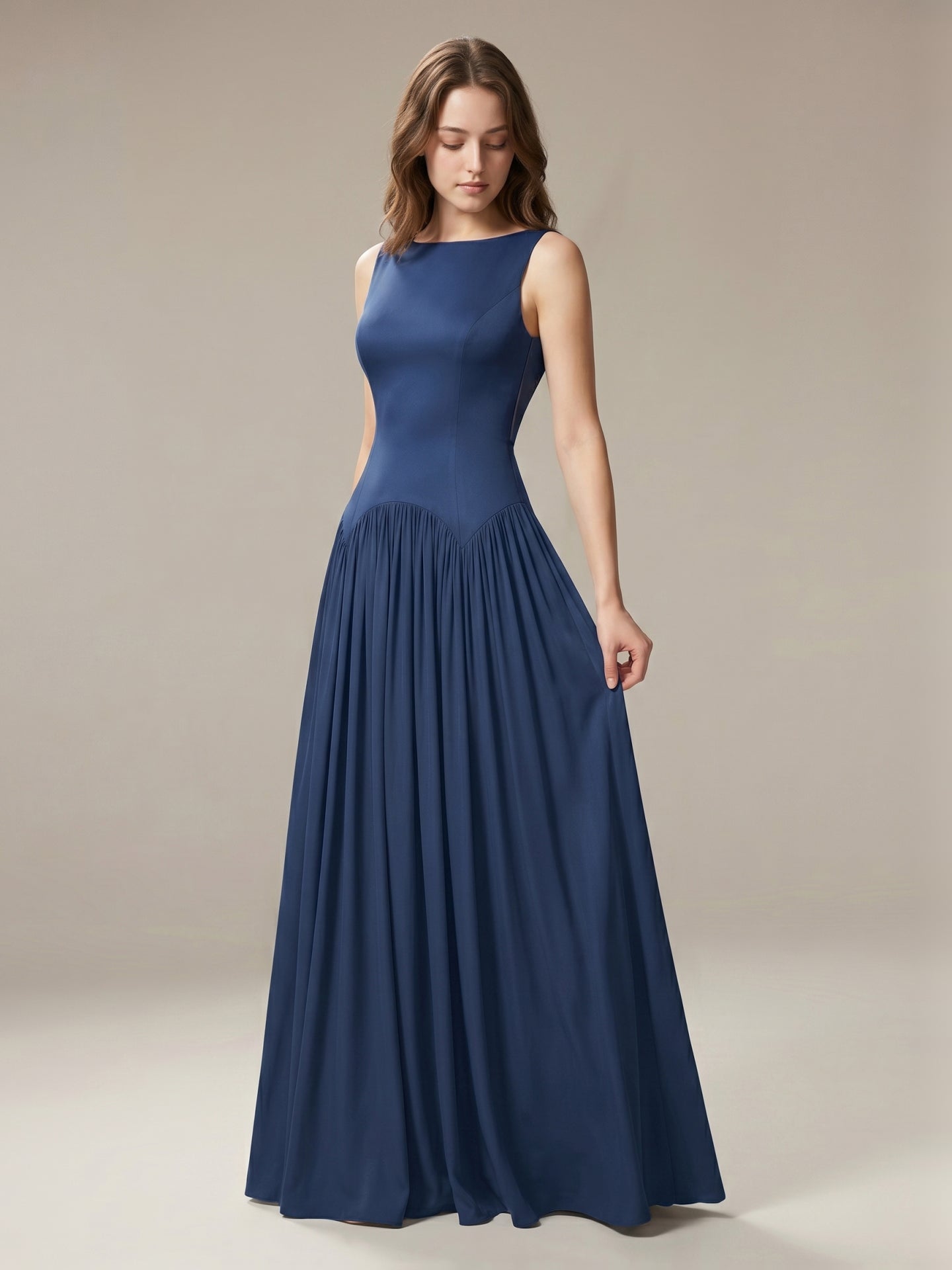 Navy Blue Chiffon A-Line Scoop Neck Back Zip Floor-Length Bridesmaid Dress with Pleated Details