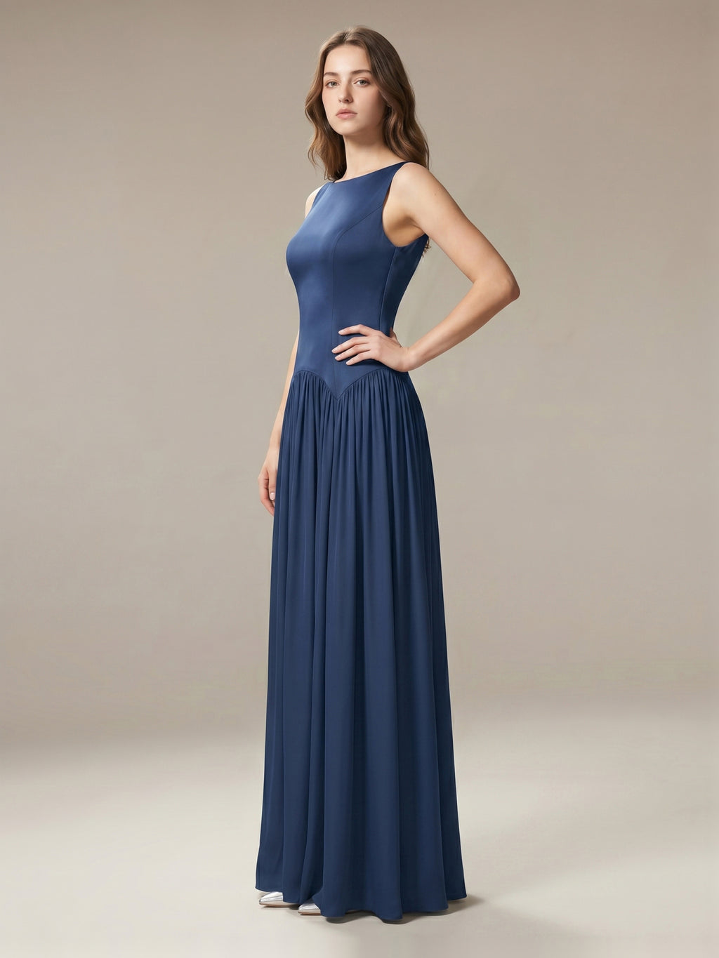 Navy Blue Chiffon A-Line Scoop Neck Back Zip Floor-Length Bridesmaid Dress with Pleated Details