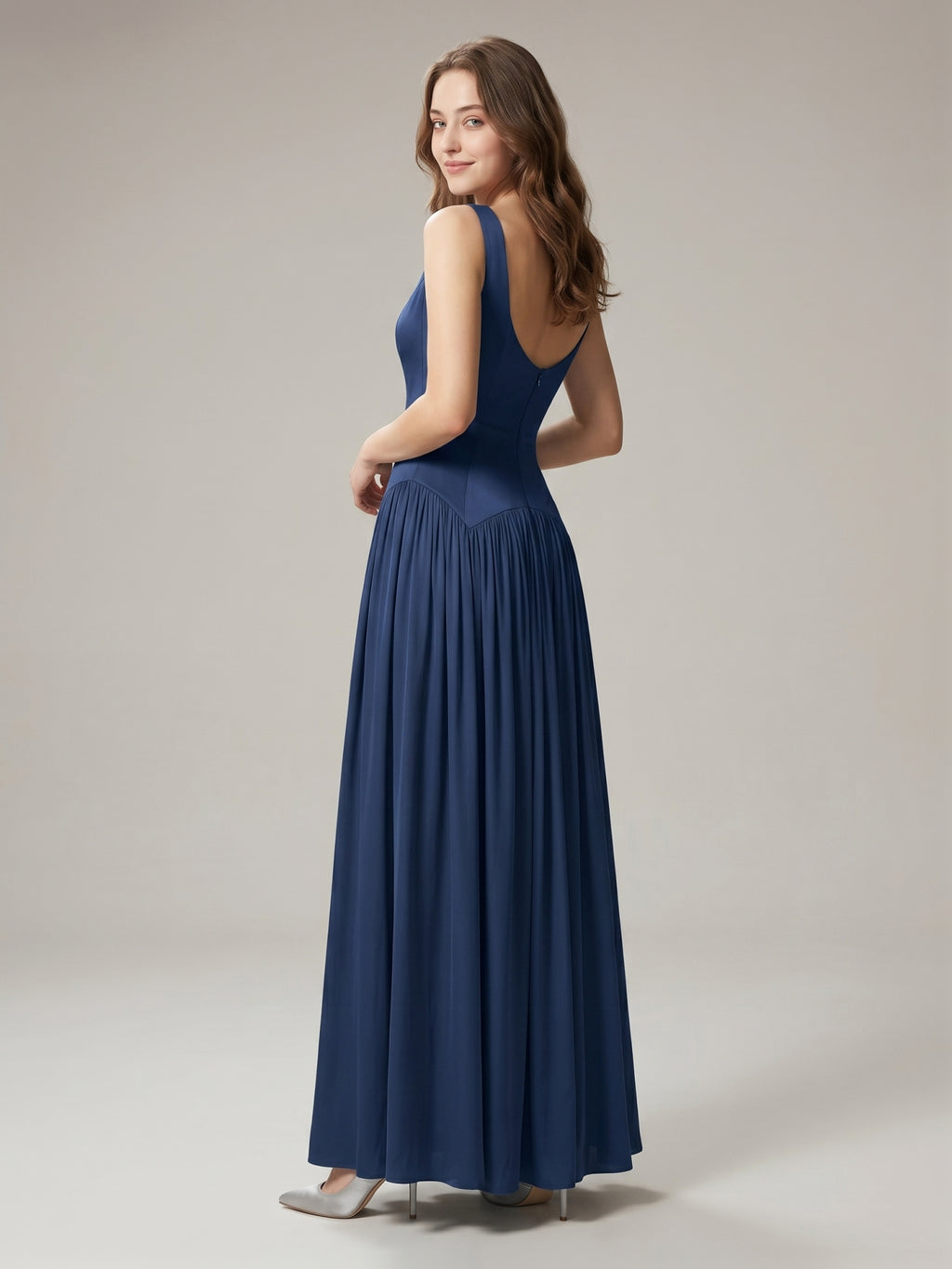 Navy Blue Chiffon A-Line Scoop Neck Back Zip Floor-Length Bridesmaid Dress with Pleated Details