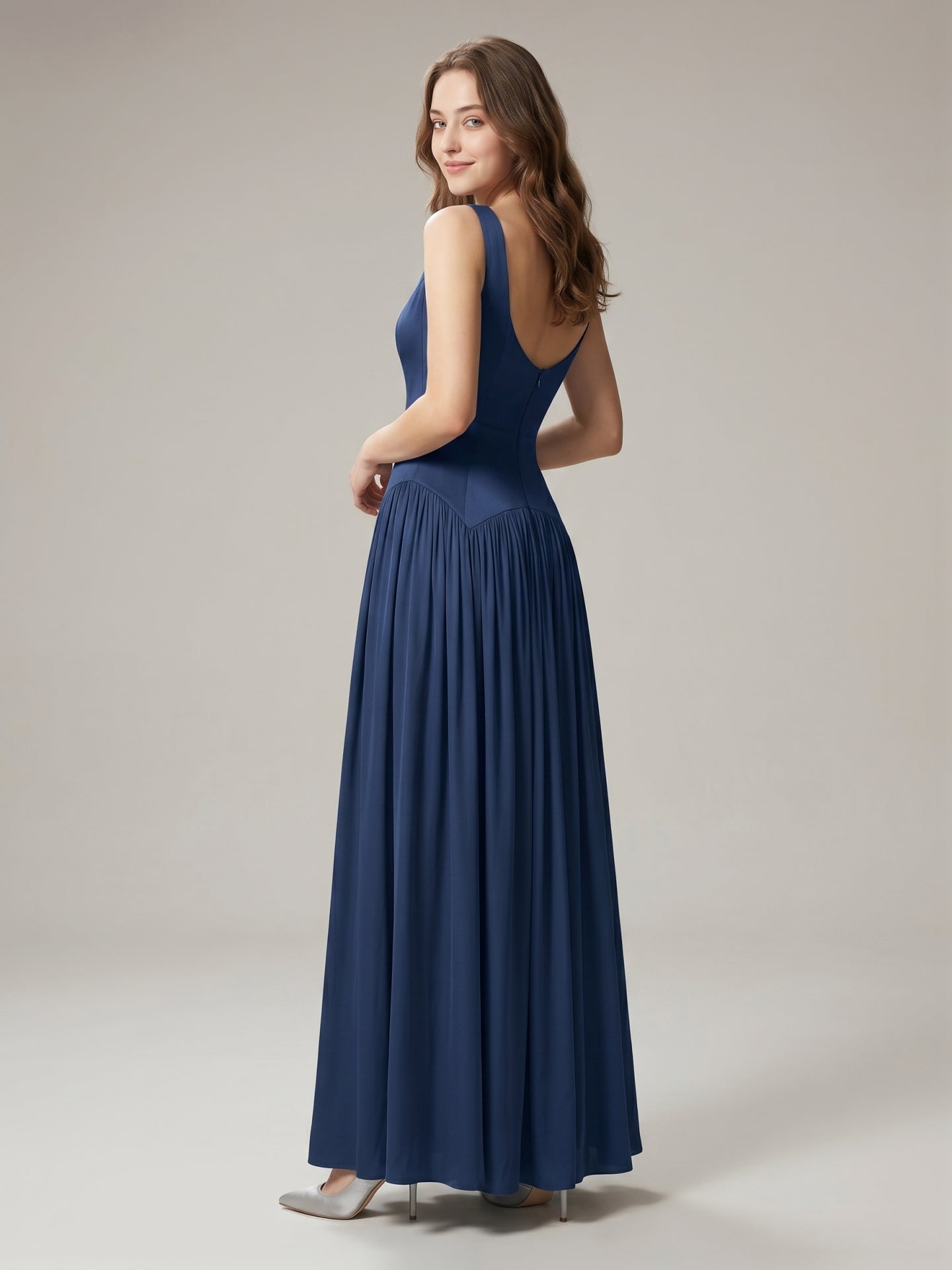 Navy Blue Chiffon A-Line Scoop Neck Back Zip Floor-Length Bridesmaid Dress with Pleated Details