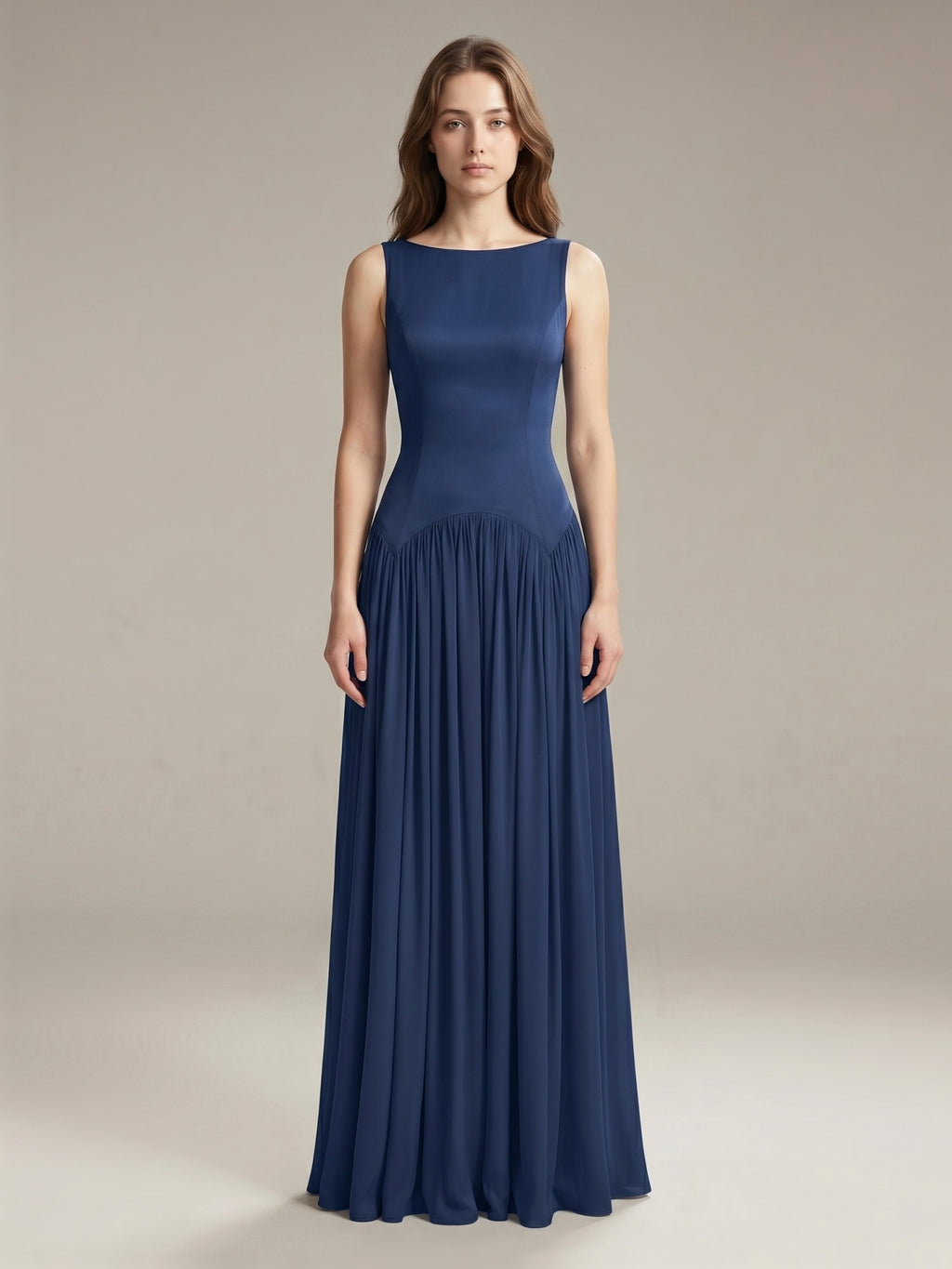 Navy Blue Chiffon A-Line Scoop Neck Back Zip Floor-Length Bridesmaid Dress with Pleated Details
