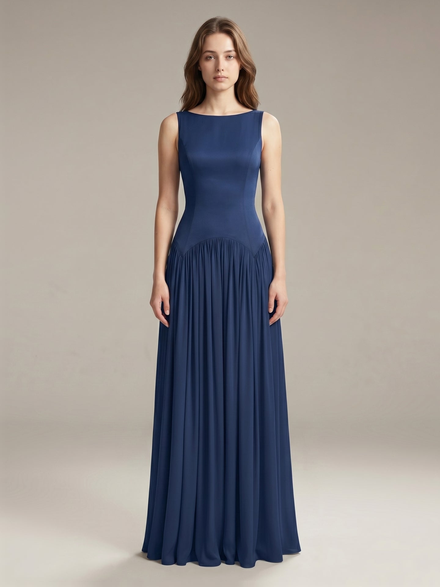 Navy Blue Chiffon A-Line Scoop Neck Back Zip Floor-Length Bridesmaid Dress with Pleated Details