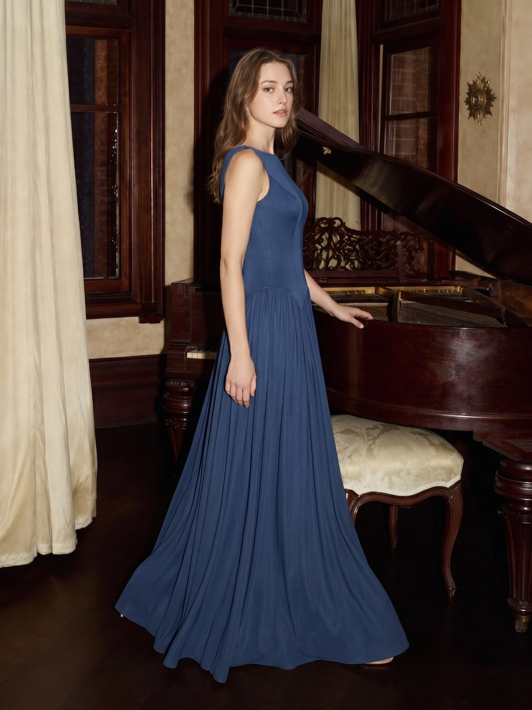 Navy Blue Chiffon A-Line Scoop Neck Back Zip Floor-Length Bridesmaid Dress with Pleated Details