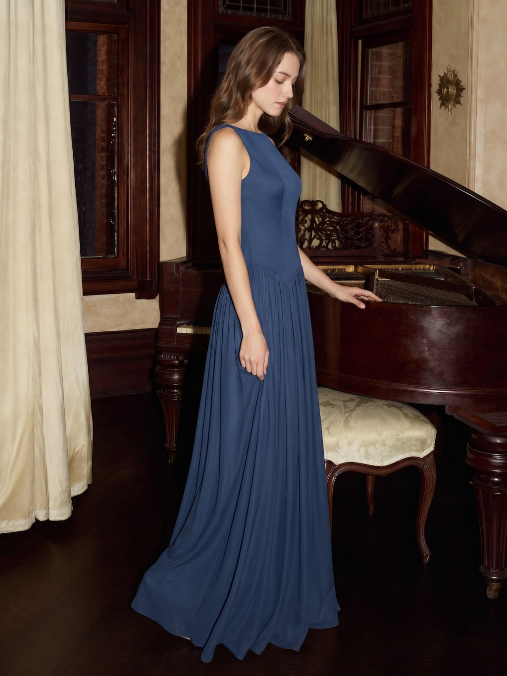 Navy Blue Chiffon A-Line Scoop Neck Back Zip Floor-Length Bridesmaid Dress with Pleated Details