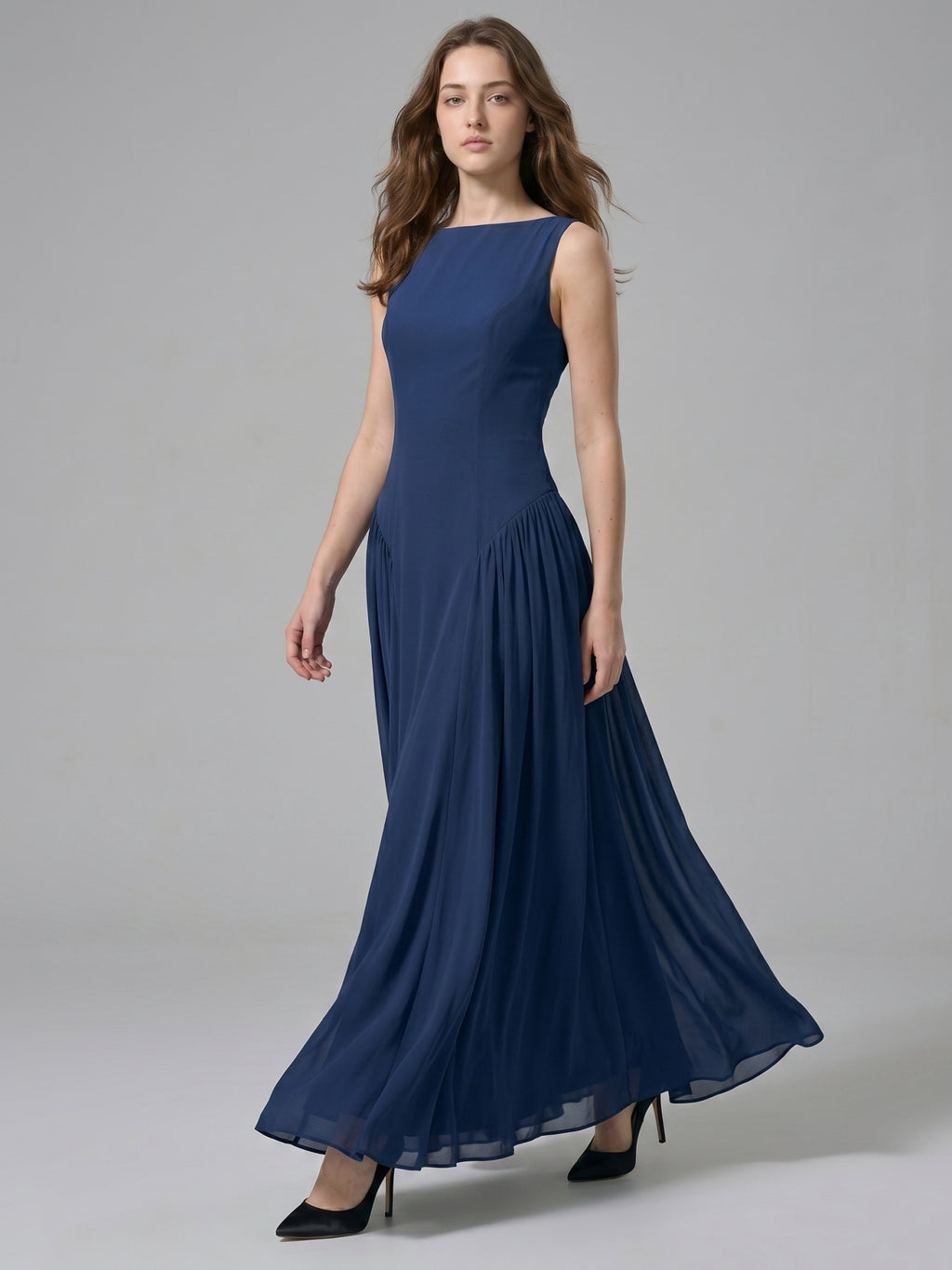 Navy Blue Chiffon A-Line Scoop Neck Floor-Length Bridesmaid Dress with Pleated Elements