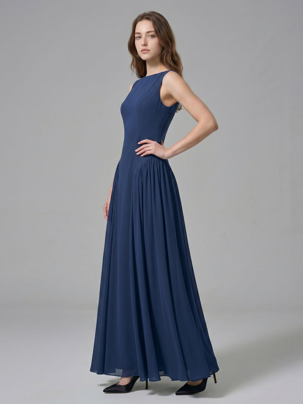 Navy Blue Chiffon A-Line Scoop Neck Floor-Length Bridesmaid Dress with Pleated Elements